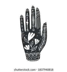 Decorative hand in boho style. Vector illustration.