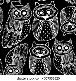 Decorative Hand dravn Cute Owl Sketch Doodle White outline on black background  seamless pattern. Vector