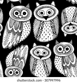 Decorative Hand dravn Cute Owl Sketch Doodle white bird on a black background seamless pattern. Vector