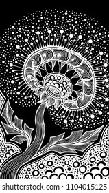 Decorative hand drawing Dandelion in Zen tangle Zen doodle style white on black  made by trace for decoration package cosmetic perfume or other things