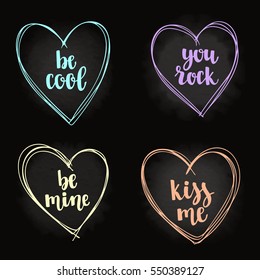 Decorative hand drawing hearts on colorful watercolor spots with Romantic saying for Valentines Day posters, cards or leaflet. Vector illustration for your design on chalkboard background.