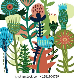 Decorative hand drawing plants leaves and flowers in pots set