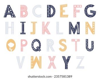 Decorative hand drawn alphabet uppercase capital letters pastel color doodle style vector illustration. English ABC typography font symbol in scandinavian design. Cute school text handwritten graphic