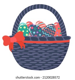 Decorative hand drawn basket with eggs, bow isolated on white background. Happy Easter holiday. Spring floral colorful illustration. Abstract vector for greeting card, invitation