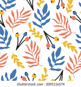 Decorative hand drawn berries seamless pattern with leaves branches for print. Abstract seamless pattern with berries and leaves. Trendy botanical background. Hand drawn modern design background. 