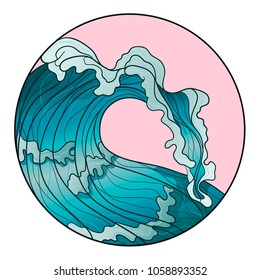 Decorative hand drawn big wave. Logo ocean wave with beautiful lines. Vector sea emblem. 