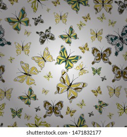 Decorative hand drawn butterflies. Fashion nice fabric design. Vector illustration. Picture on white, black and yellow colors.