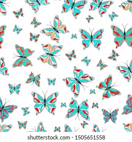 Decorative hand drawn butterflies. Picture on blue, white and black colors. Fashion nice fabric design. Vector illustration.