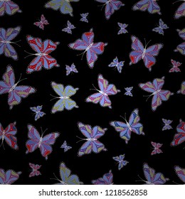 Decorative hand drawn butterflies. Vector illustration. Picture on blue, black and purple colors. Fashion nice fabric design.