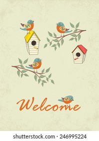 Decorative hand drawn card with bird house and welcome sign. Template for design textile, greeting cards, wrapping paper, packages, backgrounds. Vintage vector illustration.