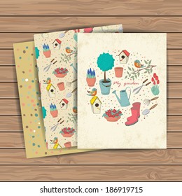 Decorative hand drawn cards with garden tools on wood plank background. Template for design textile, greeting cards, wrapping paper, packages, backgrounds. Vintage vector illustration.