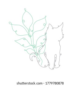 Decorative hand drawn cat, chamomile and leaves, design elements. Can be used for cards, invitations, banners, posters, print design. Continuous line art style