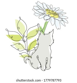Decorative hand drawn cat, chamomile and leaves, design elements. Can be used for cards, invitations, banners, posters, print design. Continuous line art style