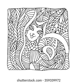 Decorative hand drawn cat in square doodle
