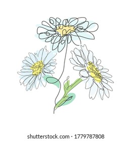 Decorative hand drawn chamomile flowers, design elements. Can be used for cards, invitations, banners, posters, print design. Continuous line art style