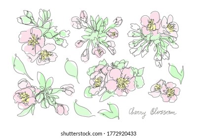 Decorative hand drawn cherry blossom sakura flowers set, design elements. Can be used for cards, invitations, banners, posters, print design. Continuous line art style