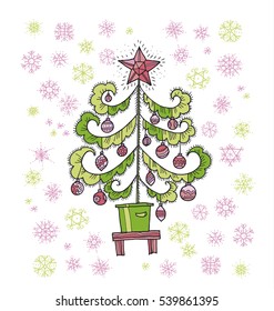 Decorative hand drawn Christmas tree vector illustration for cards, poster, header, invitation. Cute cool xmas tree image in a pot on the stool with snowflakes