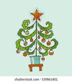 Decorative hand drawn Christmas tree vector illustration for cards, poster, header, invitation. Cute cool xmas tree image in a pot on the stool. 