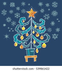Decorative hand drawn Christmas tree vector illustration for cards, poster, header, invitation. Cute cool xmas tree image in a pot on the stool on darck background