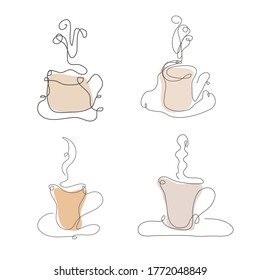 Tés de café a mano decorativos, elemento de diseño. Se puede usar para tarjetas, invitaciones, banners, afiches, diseño de impresión. Estilo de arte de línea continuo