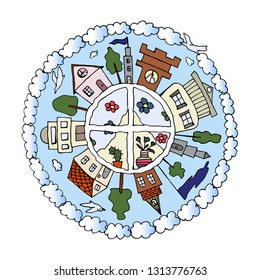 Decorative hand drawn colorful mandala with houses, city life details, clouds and birds, vector illustration