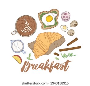 Decorative hand drawn composition with appetizing breakfast meals and morning food - croissant, egg sandwich, yogurt, coffee. Realistic vector illustration in elegant vintage style for restaurant