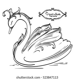 Decorative hand drawn contour swan. Graphic fantasy bird with stylized leaves. Black contour artistic bird isolated on white background.