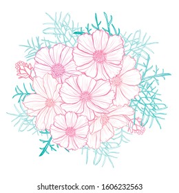 Decorative hand drawn cosmos flowers, design elements. Can be used for cards, invitations, banners, posters, print design. Floral background in line art style