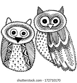 Decorative Hand drawn Cute Owl Sketch Doodle black and white. Vector