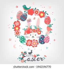 Decorative hand drawn cute wreath, Easter eggs, flowers, rabbit, butterfly, bird. Lettering Happy Easter holiday. Spring floral colorful collection. Vector illustration for greeting card, invitation