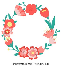Decorative hand drawn cute wreath with flowers, leaves. Spring floral colorful frame. Abstract vector illustration isolated on white background