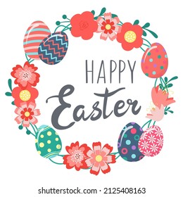 Decorative hand drawn cute wreath, Easter eggs with flowers, leaves, text. Lettering Happy Easter holiday. Spring floral colorful frame. Abstract vector illustration isolated on white background