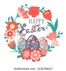 Decorative hand drawn cute wreath, Easter eggs with flowers, leaves, text. Lettering Happy Easter holiday. Spring floral colorful frame. Abstract vector illustration isolated on white background