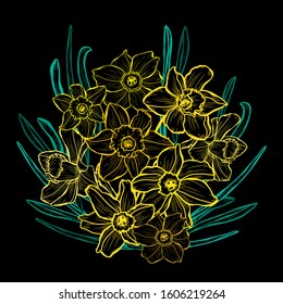Decorative hand drawn daffodil  flowers, design elements. Can be used for cards, invitations, banners, posters, print design. Floral background in line art style