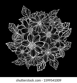 Decorative hand drawn dahlia  flowers, design elements. Can be used for cards, invitations, banners, posters, print design. Floral background in line art style