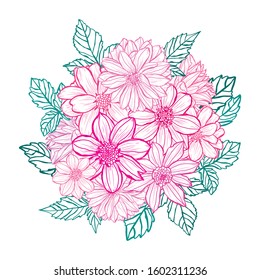 Decorative hand drawn dahlia  flowers, design elements. Can be used for cards, invitations, banners, posters, print design. Floral background in line art style