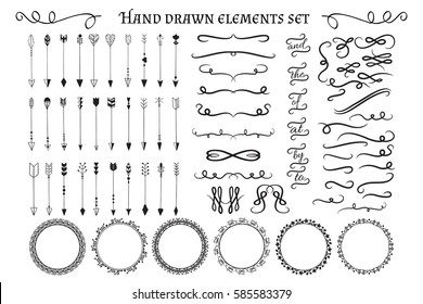 Decorative hand drawn design elements big set: arrows, frames, swirls, deviders and flourishes. Vector illustration.