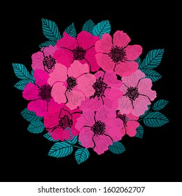 Decorative hand drawn dog rose flowers, design elements. Can be used for cards, invitations, banners, posters, print design. Floral background in line art style