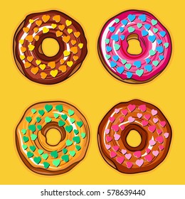 Decorative hand drawn donuts with different colorful icing set. Sweet desert doodle vector illustration