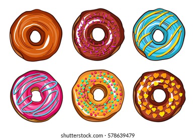 Decorative hand drawn donuts with different colorful icing set. Sweet desert doodle vector illustration