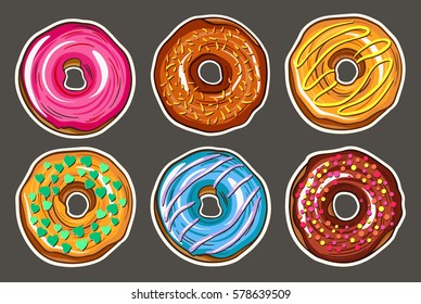 Decorative hand drawn donuts with different colorful icing set. Sweet desert doodle vector illustration