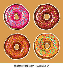 Decorative hand drawn donuts with different colorful icing set. Sweet desert doodle vector illustration