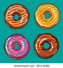 Decorative hand drawn donuts with different colorful icing set. Sweet desert doodle vector illustration