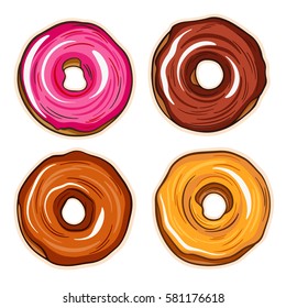 Decorative hand drawn donuts with different colorful icing set. Sweet desert doodle vector illustration