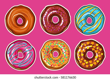 Decorative hand drawn donuts with different colorful icing set. Sweet desert doodle vector illustration