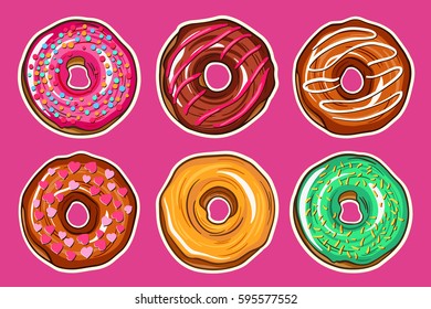 Decorative hand drawn donuts with different colorful icing set. Sweet desert doodle vector illustration