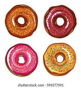 Decorative hand drawn donuts with different colorful icing set. Sweet desert doodle vector illustration