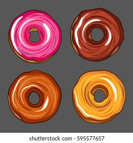 Decorative hand drawn donuts with different colorful icing set. Sweet desert doodle vector illustration