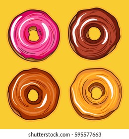 Decorative hand drawn donuts with different colorful icing set. Sweet desert doodle vector illustration