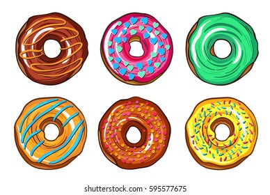 Decorative hand drawn donuts with different colorful icing set. Sweet desert doodle vector illustration